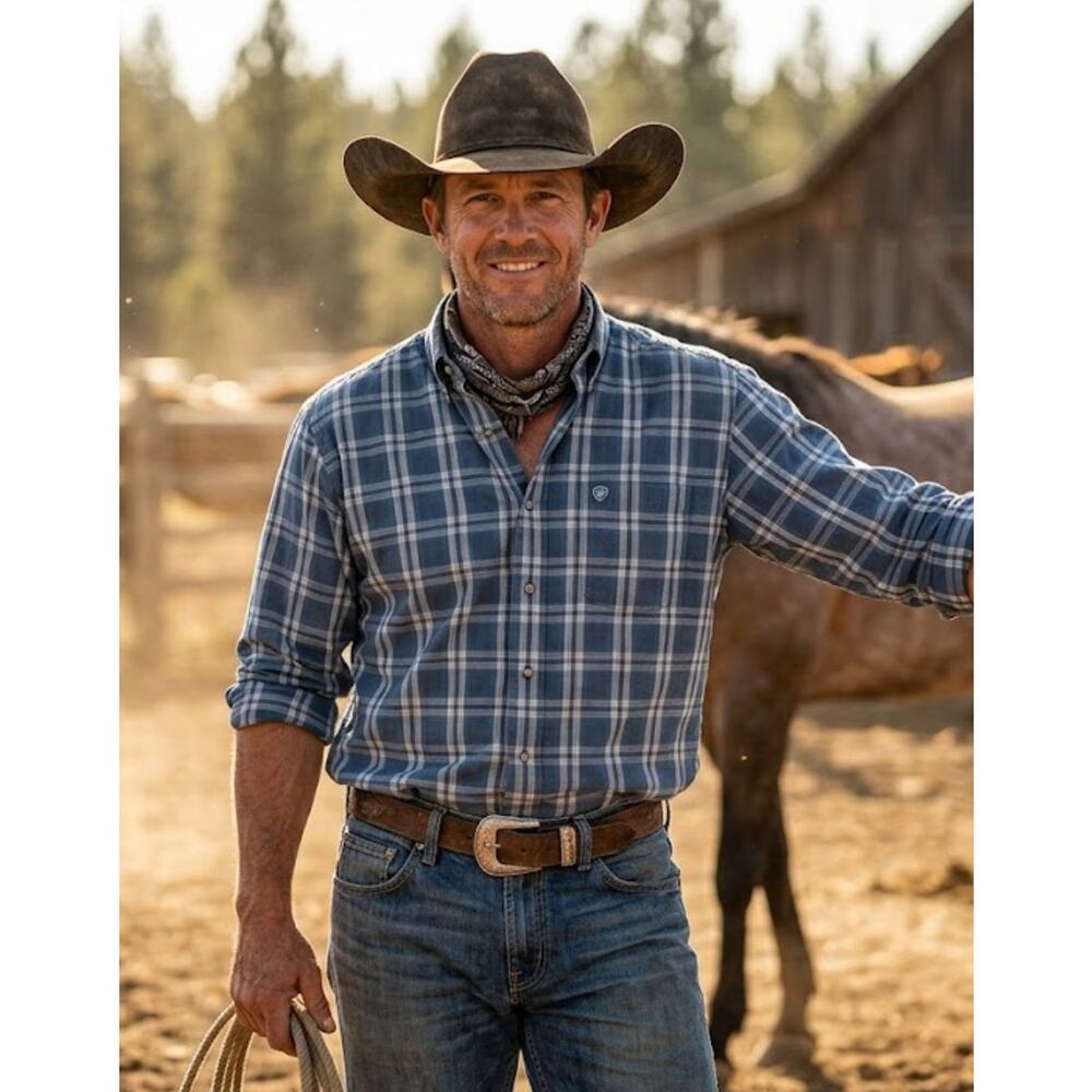 Ariat Pro Series Men's Large Blue Plaid Long Sleeve Button Down Shirt Mesh Lined